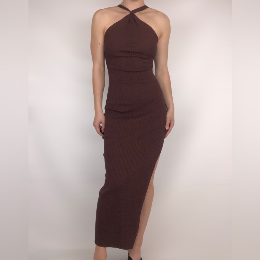 MESHKI Halter Ribbed Side Slit Maxi Bodycon Brown Dress Size S - Picture 1 of 7